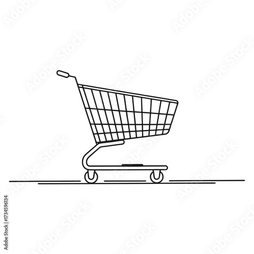 Shopping cart minimalist line, supermarket trolley outline, retail consumerism symbol, empty basket grocery store