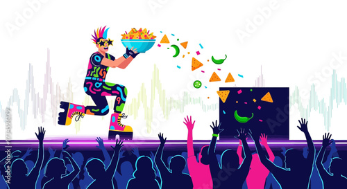 Vibrant party scene with a performer throwing nachos to an enthusiastic crowd in colorful attire