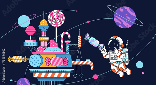 Whimsical Candy Planet Adventure: An Astronaut's Journey Through a Sugary Galaxy Illustration