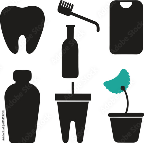 Collection of hygiene and health related icons including a tooth toothbrush bottle and plant isolated on white background isolated on transparent background silhouette