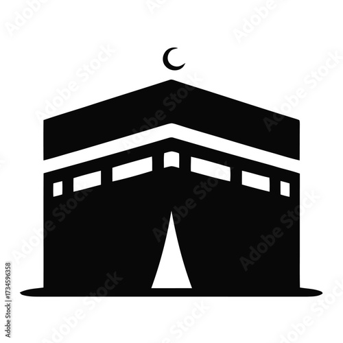 Kaaba Mecca Islam symbol. Mosque building. Hajj pilgrimage, worship. Crescent moon emblem. Muslim religion, faith. Black icon.