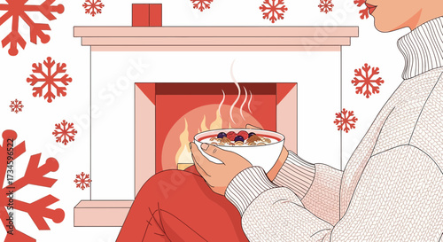 Winter comfort illustration featuring a person enjoying a warm meal by the fireplace indoors