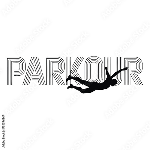 Parkour sport extreme athlete silhouette. Jumping over letters active traceur performing acrobatics urban environment.