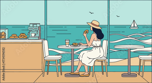 Woman enjoying a seaside cafe experience with coffee and pastries in serene ambiance