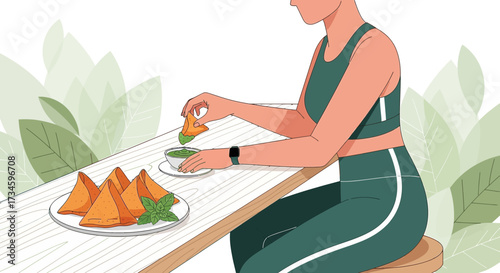 Woman enjoying samosas with green chutney after workout in a peaceful setting for healthy lifestyle