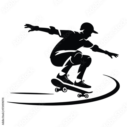Skateboarder doing trick, young person riding skateboard, extreme sport activity, isolated monochrome illustration