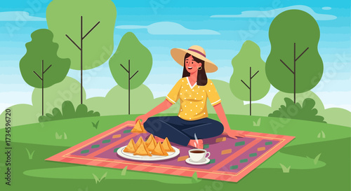 Woman enjoying outdoor picnic with samosas and coffee on a sunny day illustration