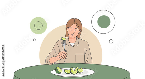 Woman enjoying the sour taste of lime, illustration of someone eating healthy and citric food