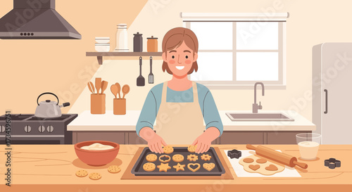 Woman happily baking festive cookies in a cozy kitchen setting with a warm and inviting ambiance
