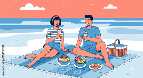 Young couple enjoying a picnic with fruit bowls and smoothies on a blanket at the beach retreat