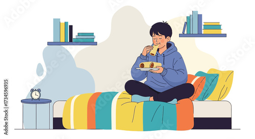 Young man enjoying a burrito meal while comfortably sitting in his colorful bedroom