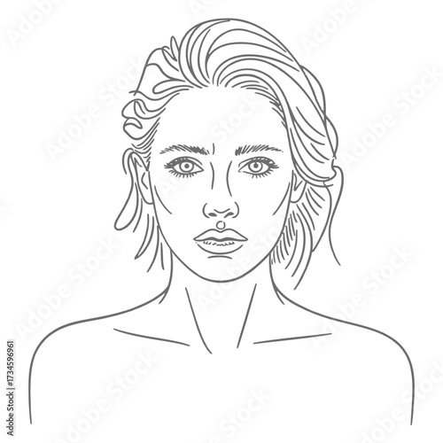 Female face with bob haircut, short hair, beauty and style, feminine elegance, minimalist line, facial features.