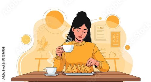 Young woman enjoying tea and samosas in a cozy cafe with warm lighting and minimalist design