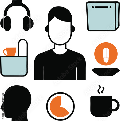 Collection of icons representing common objects and concepts like a person headphones and coffee cup isolated on white background isolated on transparent background silhouette