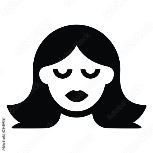Female portrait silhouette. Woman with closed eyes. Long wavy hair. Minimalist user avatar. Flat person icon.