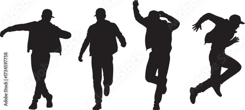 Silhouettes of four young men in caps and jackets running dynamically.