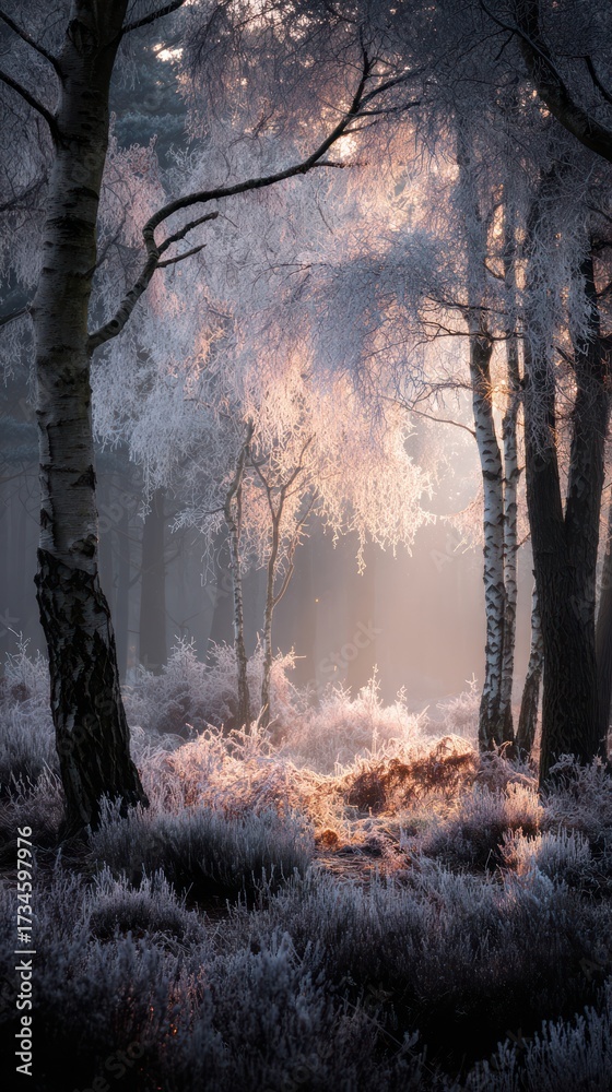 Obraz premium Winter forest bathed in sunlight