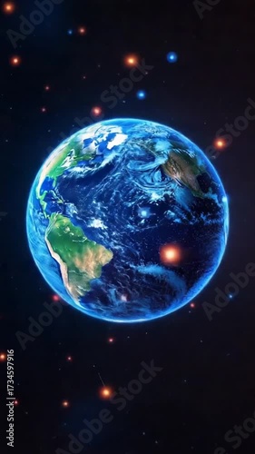 Animated earth globe with neon blue light and stars in outer space