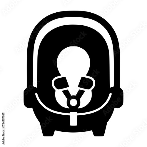 Child safety seat: The image features a black-and-white illustration of a child safety seat, emphasizing essential protection.