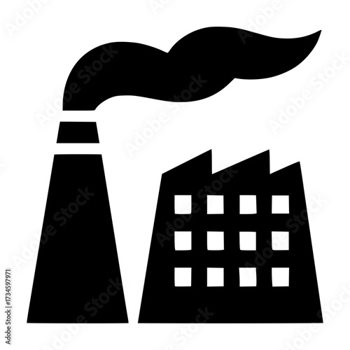 Industrial Icon: A stark, vector illustration of an industrial factory with smokestacks expelling plumes into the air, representing industry and production.