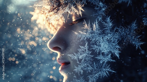 Winter portrait, serene face, snowflakes, snow, magical
