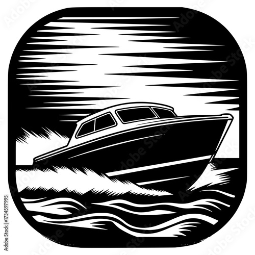 Speedboat Silhouette on the Water: A sleek, black and white vector illustration of a speedboat cutting through the waves with a dynamic sense of movement and speed.