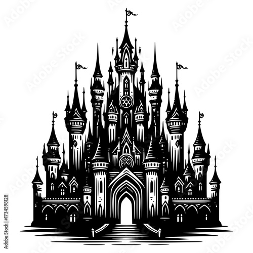 Gothic Castle: A majestic black and white illustration of a gothic castle, exuding an atmosphere of ancient power, intricate detail, and historical significance.