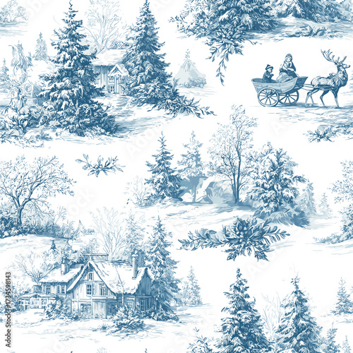 Blue Toile Christmas Seamless Pattern 10 with Winter Forest and Holiday Scene, Editable Vector
Editable vector seamless pattern in vintage blue toile engraving style. Hand-drawn winter forest landscap