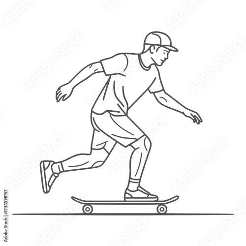 Skateboarder in action. Youth sports, skateboarding. Man riding skateboard. Urban street sport. Active lifestyle line illustration.