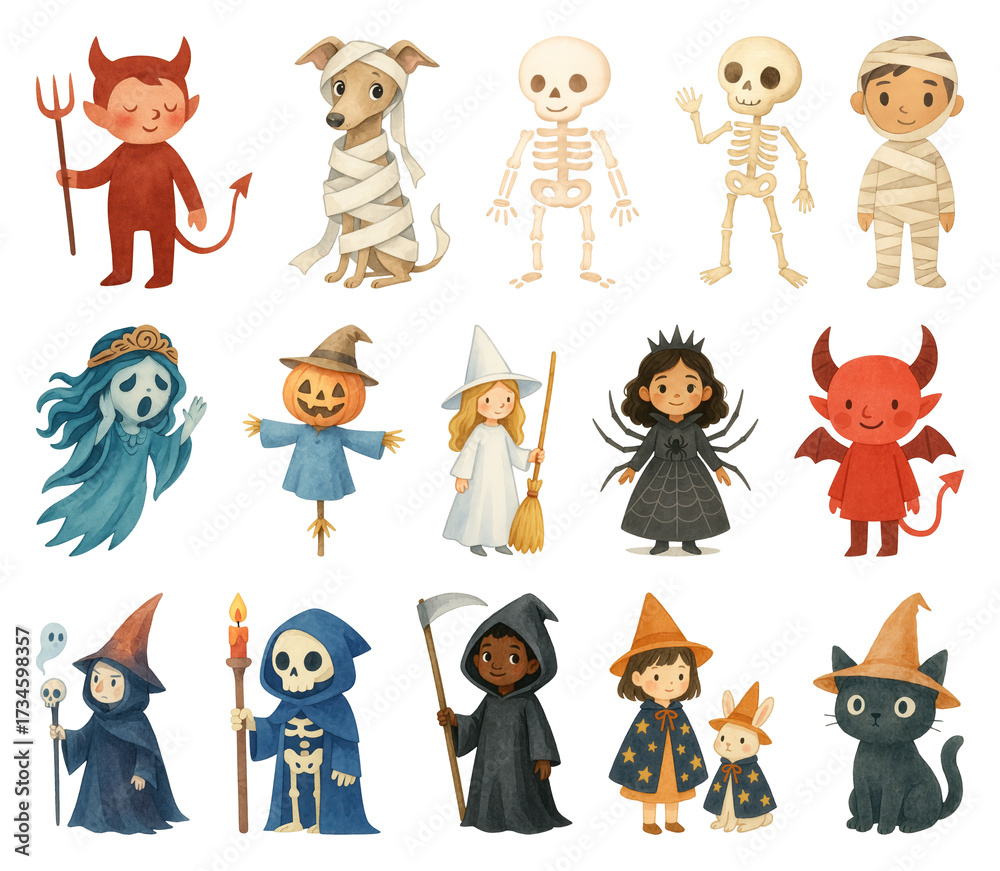 Obraz premium Cute Halloween costume characters illustration.