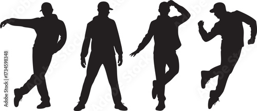 Silhouettes of four young men in caps and jackets running dynamically.