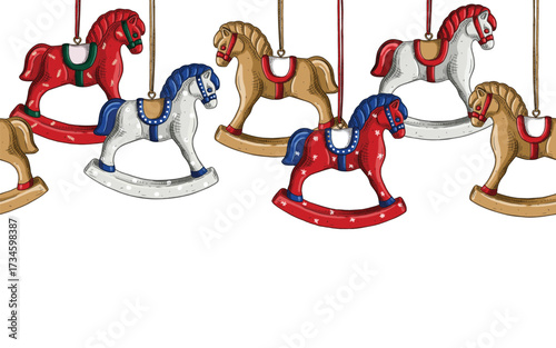 Seamless border with Christmas tree toy rocking horse animal isolated on white background. Hand drawn illustration sketch.