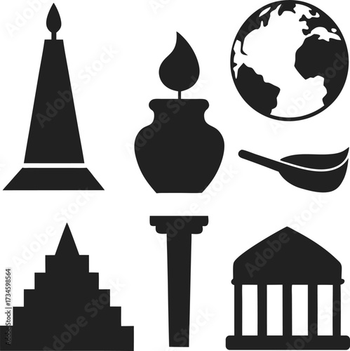 Collection of diverse silhouette icons representing knowledge history and civilization isolated on white background isolated on transparent background
