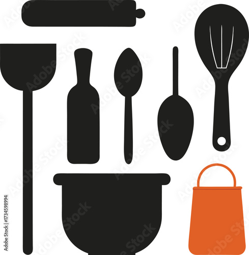 Collection of kitchen utensil silhouettes including a rolling pin spatula bottle spoon and bowl isolated on white background isolated on transparent background
