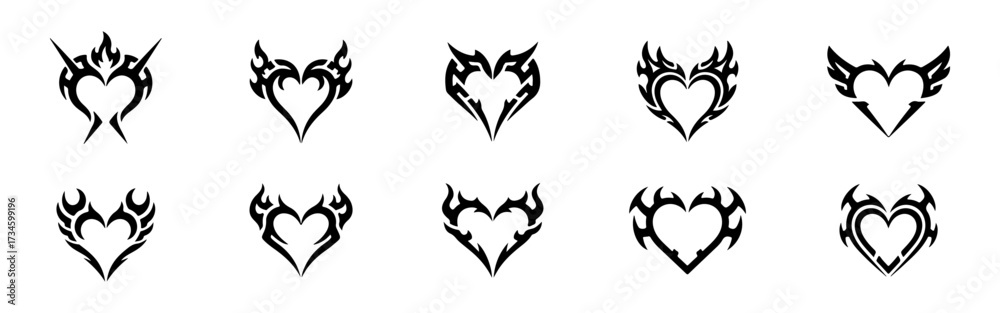Fototapeta premium Hearts tattoo icons set. Y2K neo-tribal heart shapes, abstract gothic and cyber style, techno love elements, futuristic burning heart ornaments, 2000s sticker design.