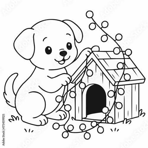 Coloring book for kids - Cute puppy playing with a doghouse and decorative lights  