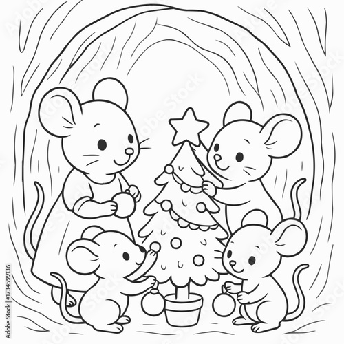 Coloring book for kids - Mice decorating Christmas tree in cozy den for winter holiday  