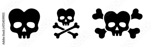 Skull and bones icons set. Skeleton head, crossbones symbol, pirate warning, danger and hazard element.