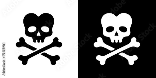 Skull and bones icons set. Skeleton head, crossbones symbol, pirate warning, danger and hazard element.