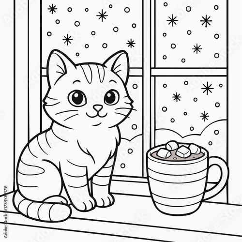 Coloring book for kids - Cartoon cat sitting by window with hot chocolate on winter day  