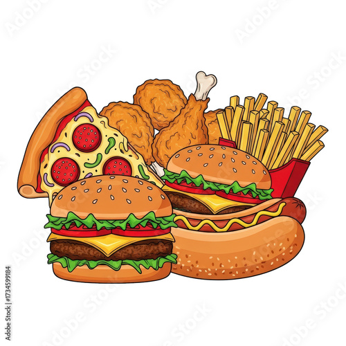 Collection of Junk Food Cartoon Composition with Pizza, Burgers, Fries and Fried Chicken for Fast Food Related Designs Isolated