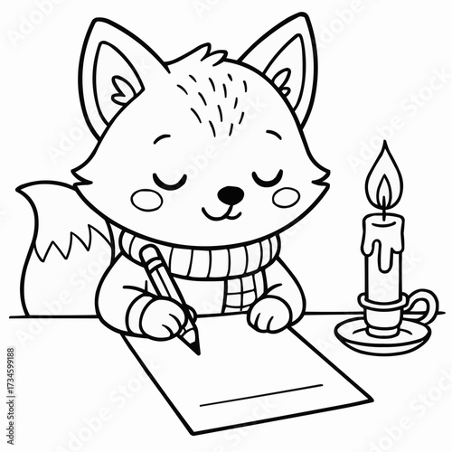 Coloring book for kids - Cute fox writing on paper beside a lit candle in cozy setting  