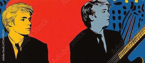 Vibrant Pop Art Portrait of Two Musicians in a Bold, Split-Color Composition