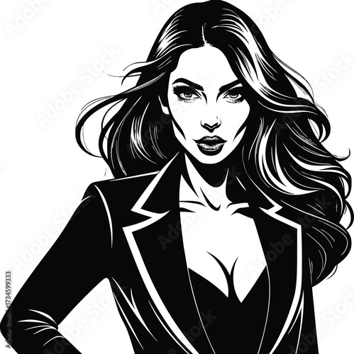 Elegant woman with floral hairstyle in black and white sketch style