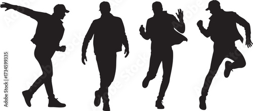 Silhouettes of four young men in caps and jackets running dynamically.