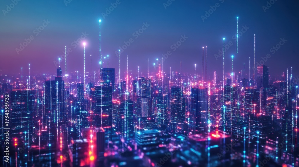 Obraz premium A vibrant, futuristic city skyline with colorful lights and tall structures, creating a dynamic and energetic atmosphere.
