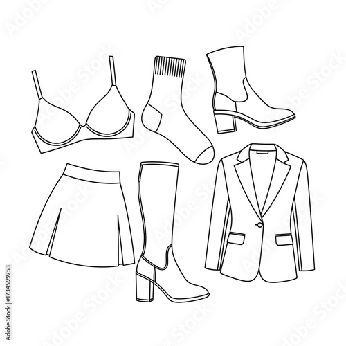 A collection of women's fashion apparel and footwear illustrated in a clean line art style on a white background.