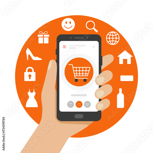 Online Shopping Mobile App Hand holding a smartphone with shopping cart icon and various product symbols