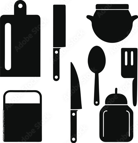 Collection of kitchen utensil silhouettes including cutting board knife pot spoon and container isolated on white background isolated on transparent background