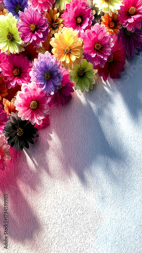 Floral greeting card base design with a variety of brightly colored blossoms casting soft shadows. Ideal for spring or summer holiday invitations, announcements, or celebration backgrounds.